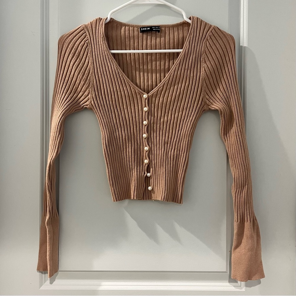 SHEIN Tan/Brown Ribbed Cardigan with Pearl Buttons